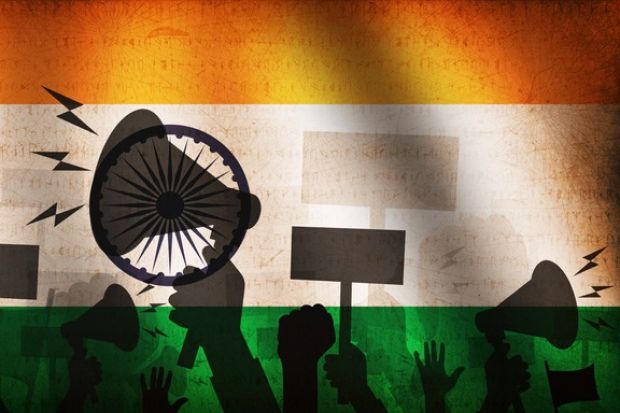 Megaphones superimposed on an Indian flag, illustrating academic freedom