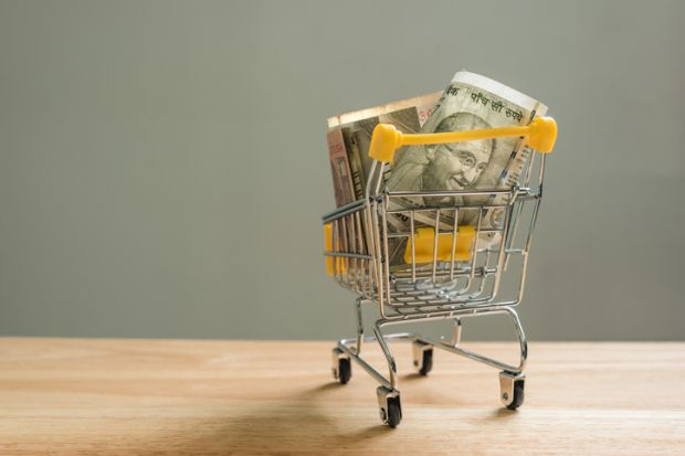 Indian banknotes in a small shopping trolley