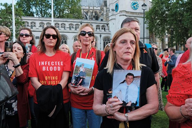 London, UK. 19th May, 2024. The Hepatitis C Trust assembles at Parliament Square to demand action ahead of the final report on the infected blood scandal. The demonstration highlights the plight of tens of thousands affected by contaminated blood products