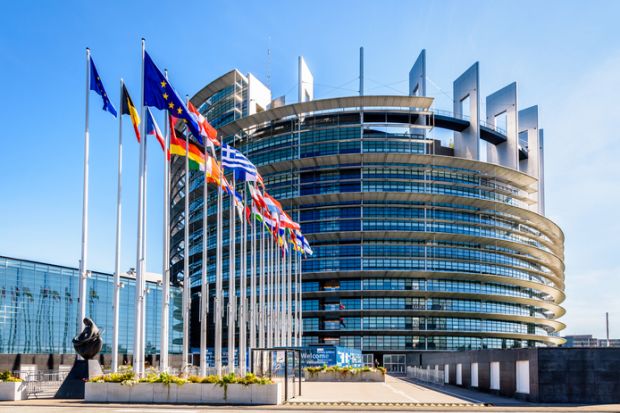 Entrance of the Louise Weiss building, inaugurated in 1999, the official seat of the European Parliament which houses the hemicycle for plenary sessions.