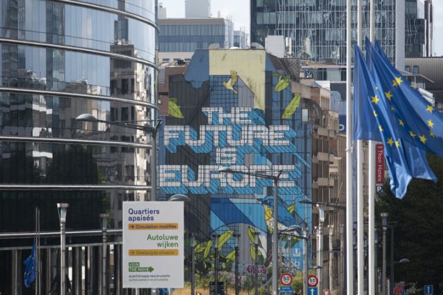 "The Future is Europe" is displayed on a building in the EU quarter