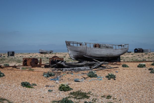 A wrecked boat on Dungeness beach