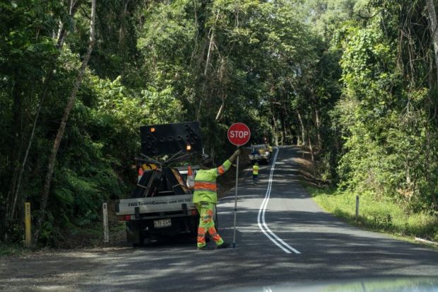 North Oueensland, Australia, 2024, July 15- Road works and one way traffic at Daintree Rainforest