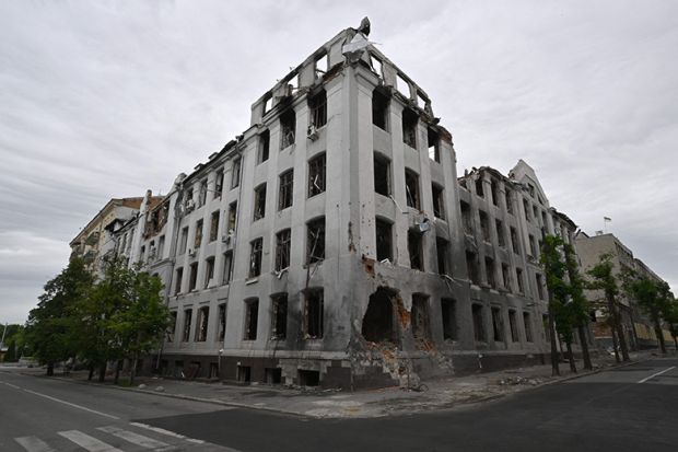 The badly damaged Faculty of Economics at Karazin Kharkiv National University