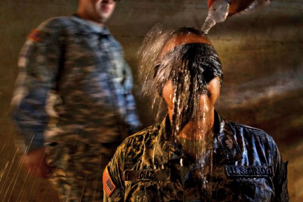 Mock interrogation simulating waterboarding