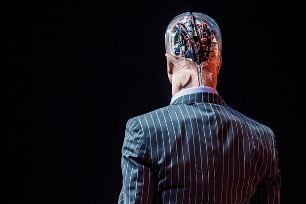 Model of man with a transparent skull showing his brain