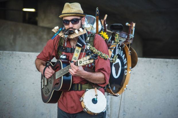 One-man band playing instruments, Lancaster, Pennsylvania