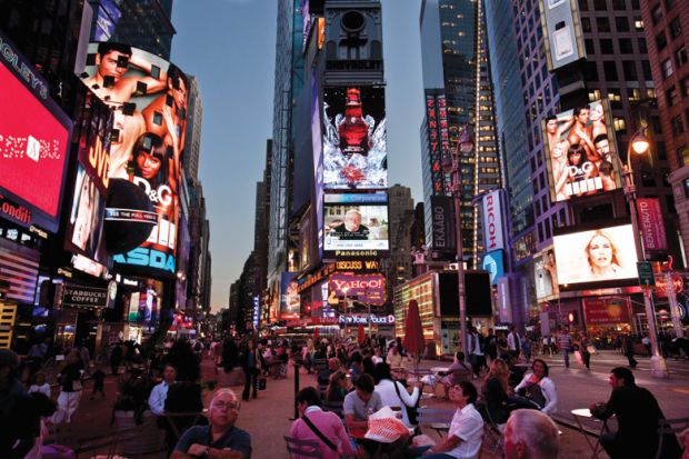 People eating in Times Square, New York City