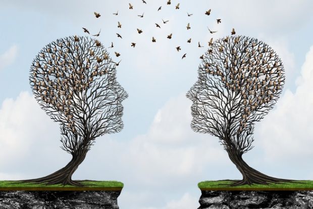 Birds fly between heads shaped like trees