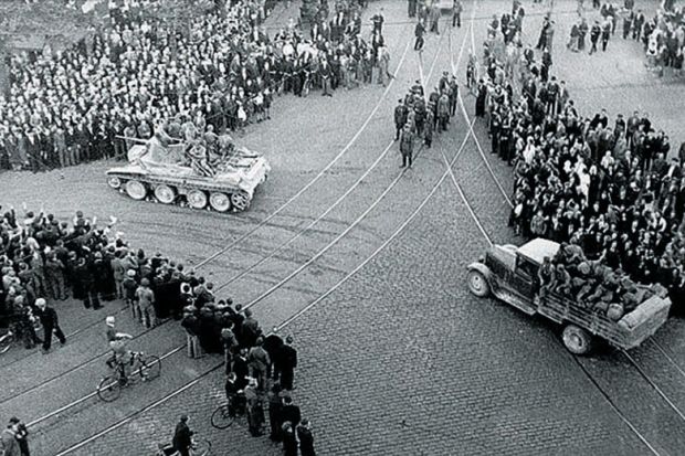 Red Army BT-7 tank and ZIS-5 truck in Riga (1940) Soviet occupation