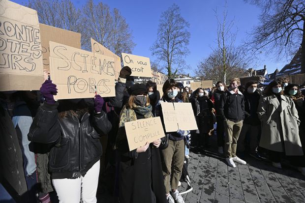 Students demonstrate in front of the Institut detudes politiques ('Sciences Po') university to denounce gender-based violence and the lack of action by the administration, in Strasbourg, France, February 12, 2021. Elite universities face campus reckoning