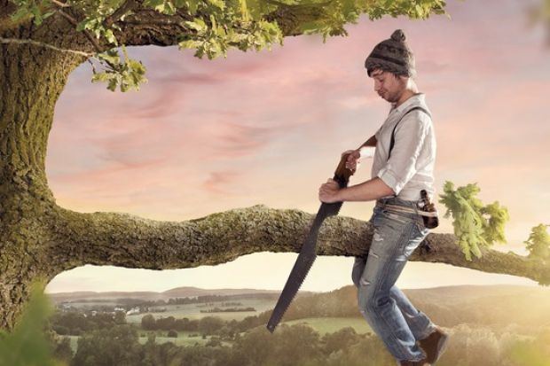 A man cutting off the tree branch he is sitting on, illustrating Home Office policy