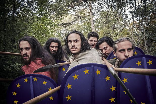 Warriors with shields bearing the European Union flag symbolising protecting free speech