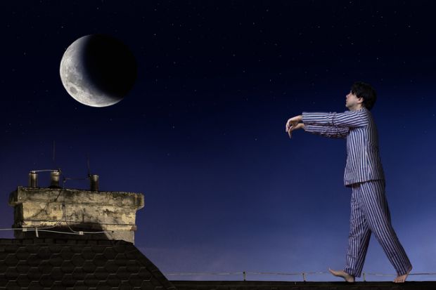 A man sleepwalking on a roof