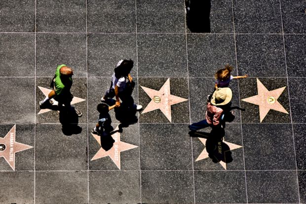 Aerial view of people on the Hollywood walk of fame