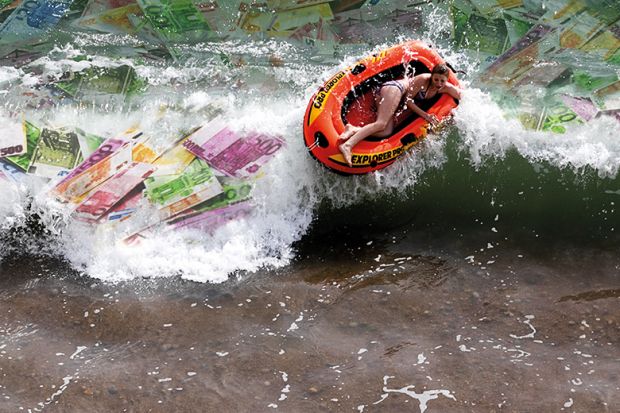 Young woman riding an inflatable dinghy boat on wave that are filled with euro notes to symbolise European research funding