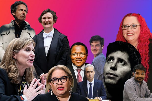 Faces of 2023. People who shaped higher education headlines. Left to right: Edward Blum, Elizabeth Magill, Irene Tracey, Megan Davis, Sakhela Buhlungu, Sufyan Tayeh, Theo Baker, Sam Altman, Siouxsie Wiles, Sabyasachi Das 