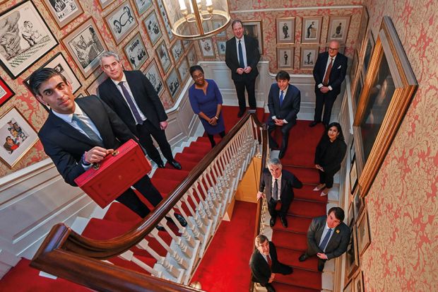 The role of the treasury on higher education. Chancellor of the Exchequer, Rishi Sunak poses with the Budget Box alongside Chief Secretary to the Treasury Steve Barclay, Exchequer Secretary to the Treasury Kemi Badenoch and other staff on staircase