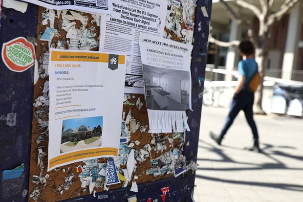 Signs for home rentals are posted in Sproul Plaza on the UC Berkeley campus on March 14, 2022 in Berkeley, California