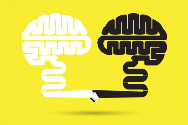 Two human brains shaking hands (illustration)