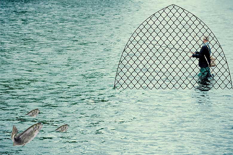 Woman fishing with a net over her