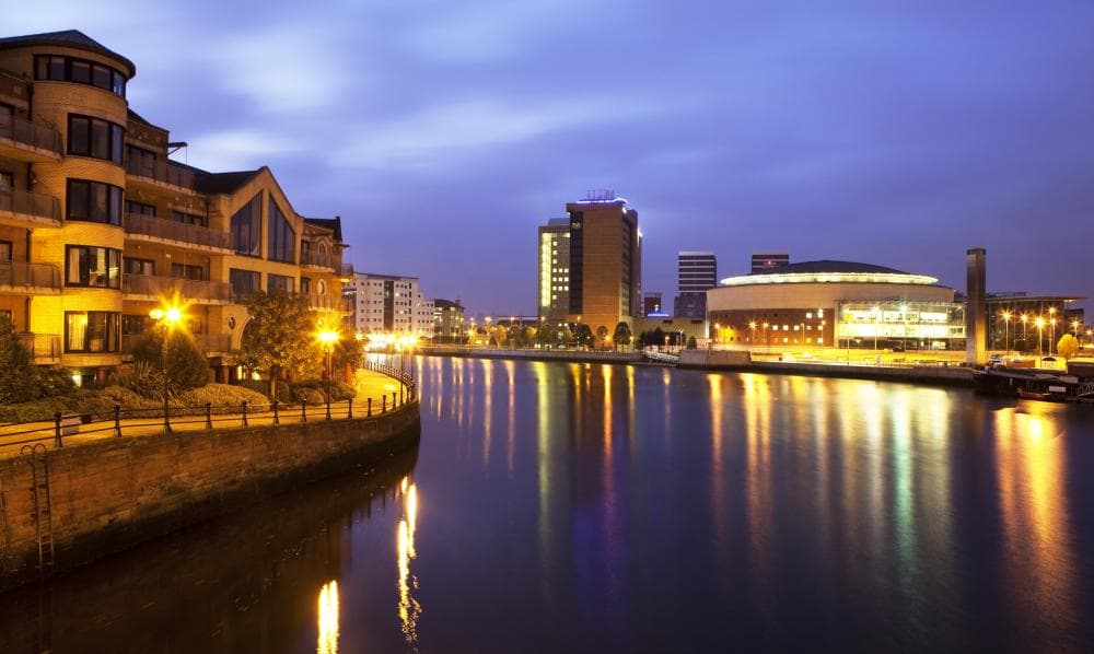 Belfast at night along river